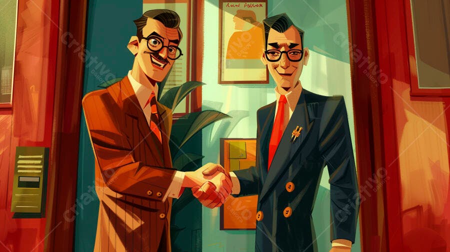 Empresários de terno e óculos apertando mãos em escritório vintage