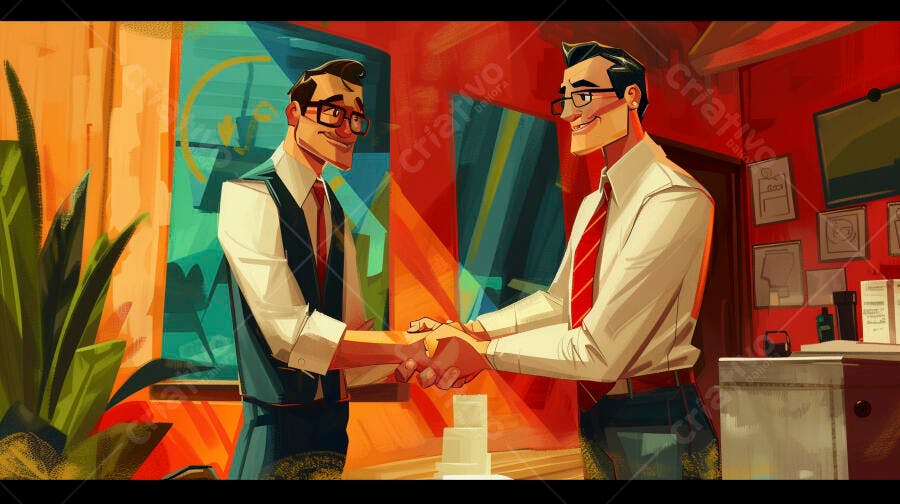 Homens de negócios sorrindo apertando mãos em escritório moderno ilustração vibrante