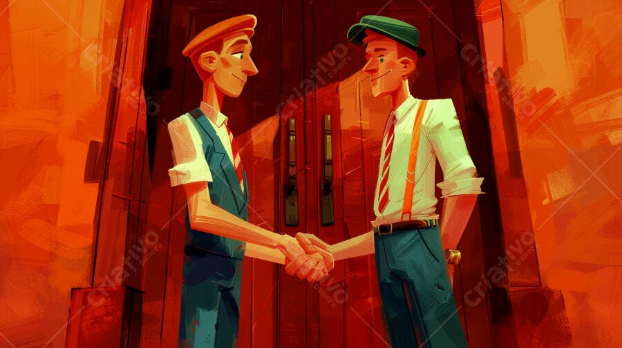 Dois homens de chapéu se cumprimentando em ilustração estilo vintage