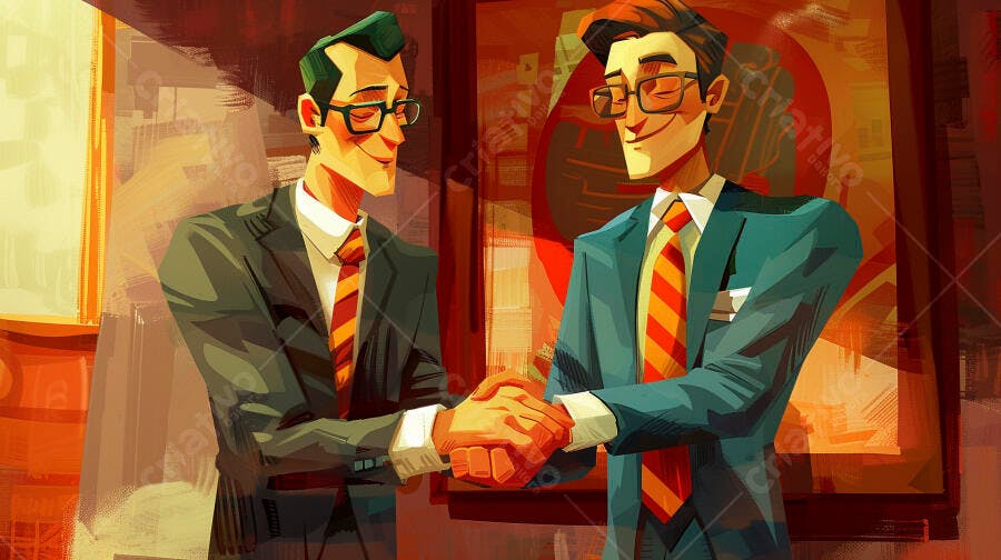 Dois homens de negócios sorrindo apertam as mãos em acordo corporativo