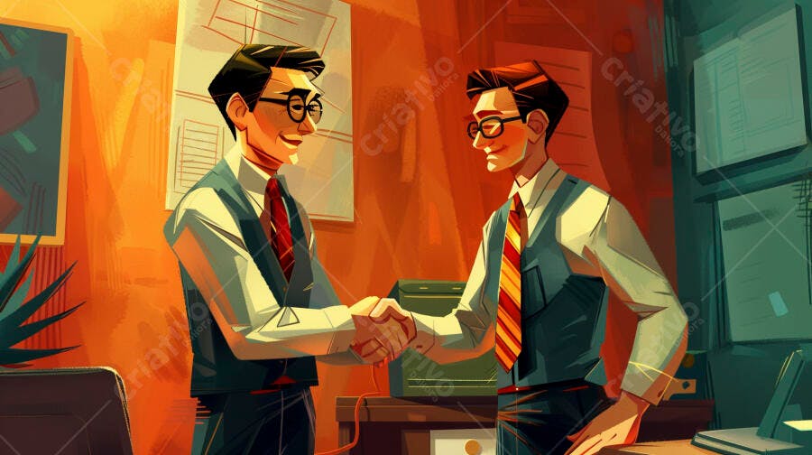 Dois homens asiáticos de óculos apertando as mãos em escritório moderno