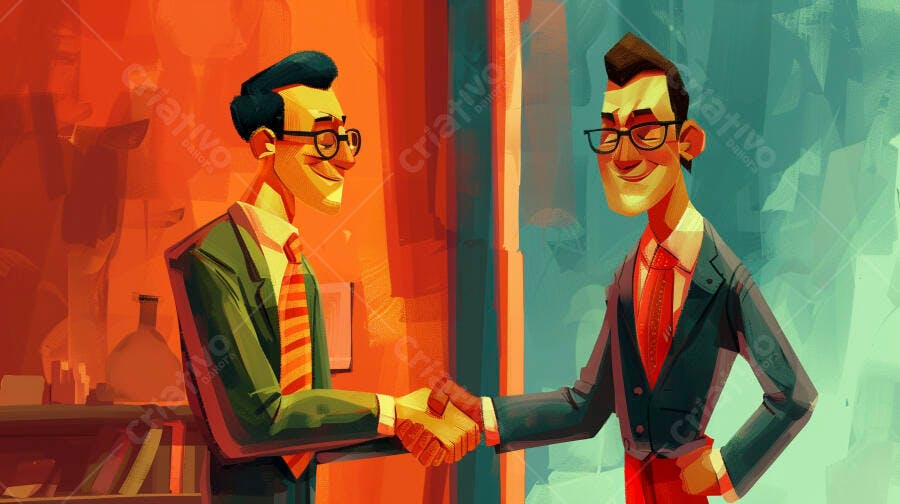 Executivos brancos de óculos em ternos apertando as mãos sorrindo