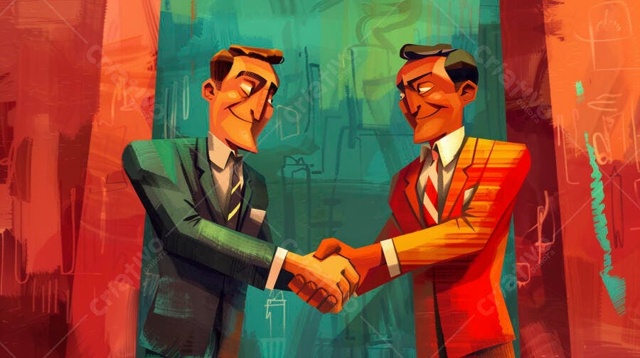 Dois homens profissionais de negócios apertando as mãos em ambiente corporativo abstrato