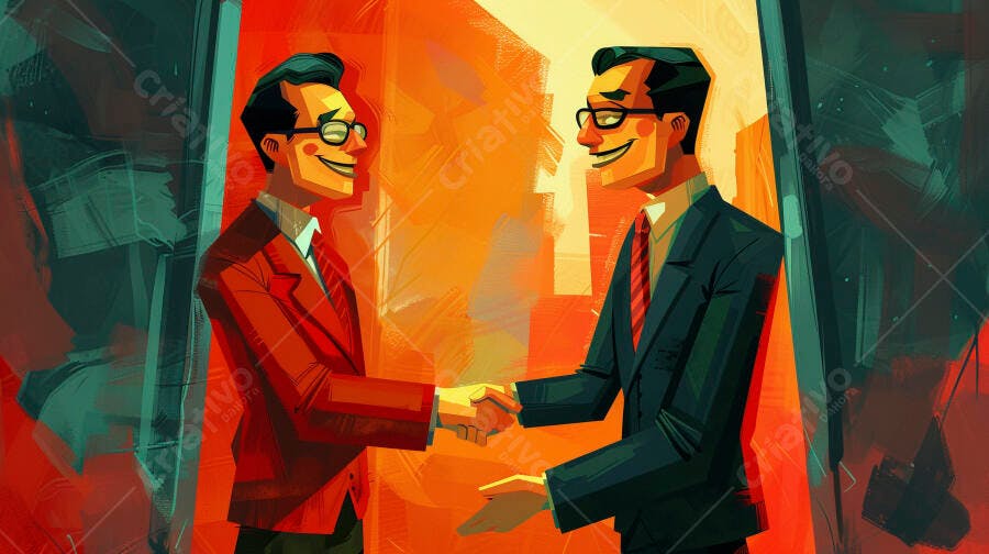 Dois profissionais sorrindo apertando as mãos em parceria colorida