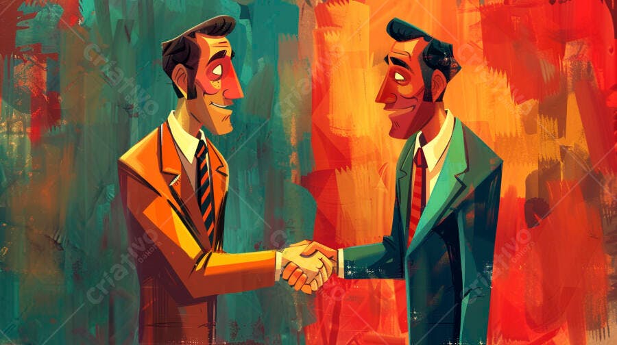 Profissionais de terno sorrindo com aperto de mãos em ilustração vibrante