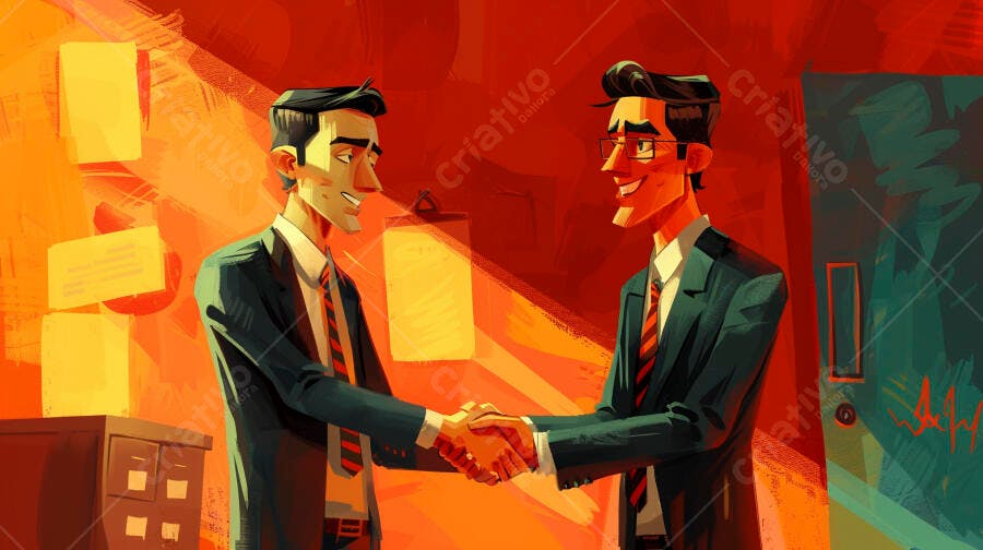 Homens de negócios apertando as mãos em escritório vibrante