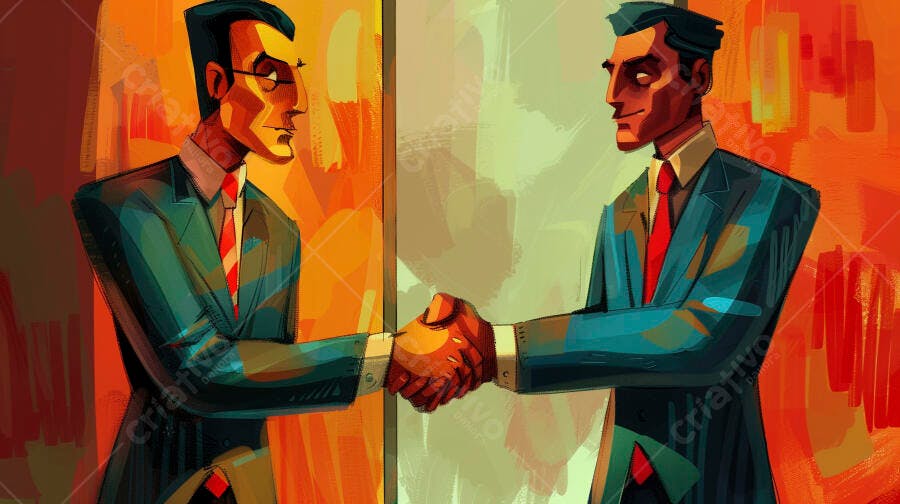 Homens de negócios apertando as mãos ilustração em cores vibrantes