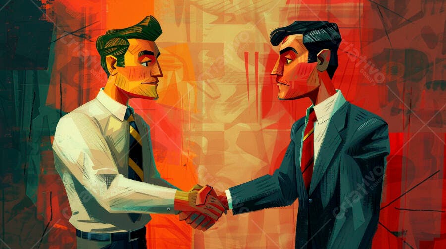 Dois homens de negócios apertando as mãos em um fundo abstrato colorido