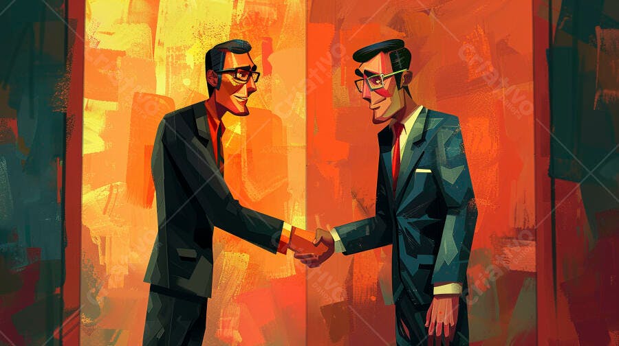Empresários sorrindo apertando as mãos em fundo laranja abstrato