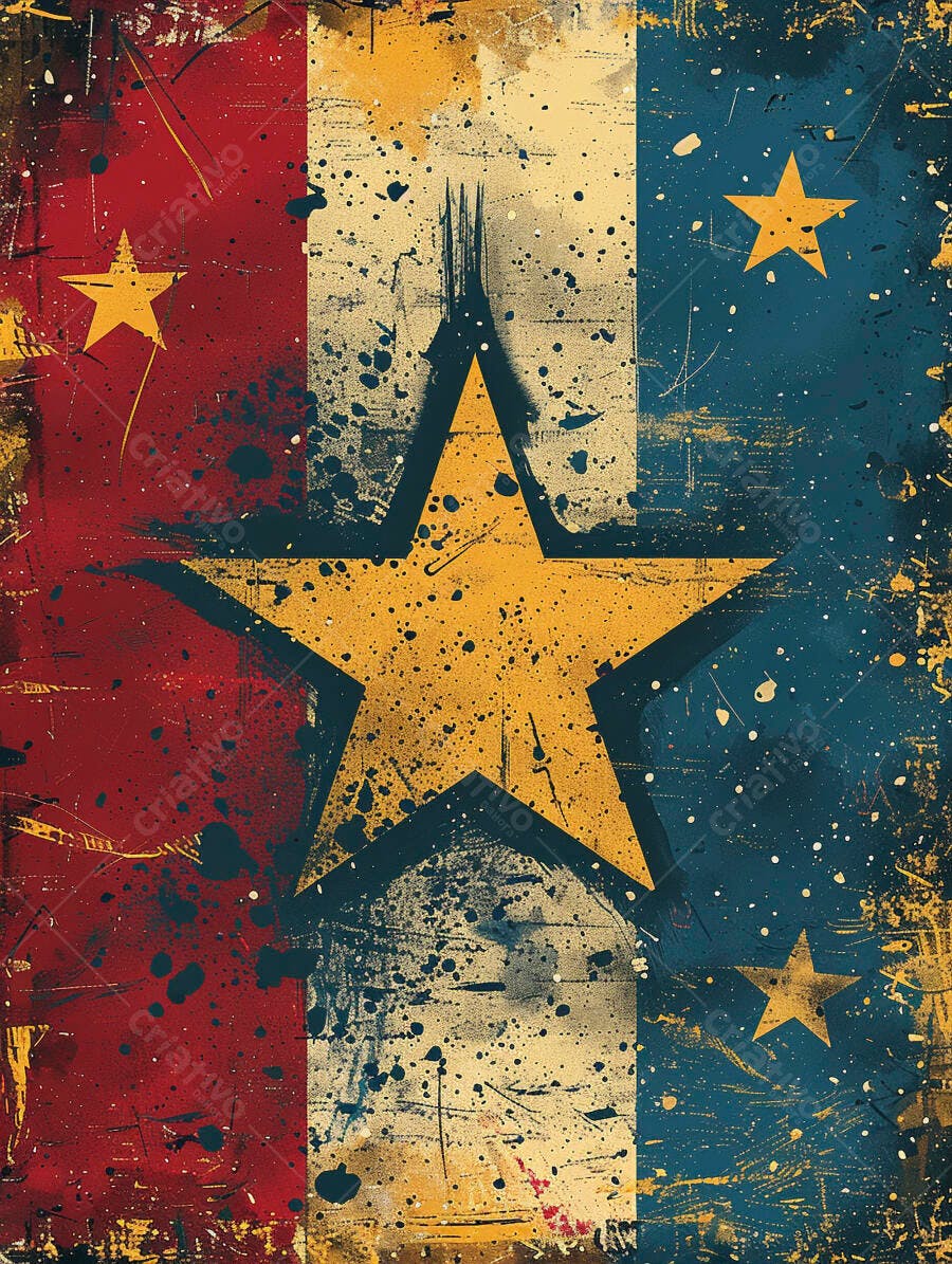 Estrela amarela em fundo patriótico grunge vermelho branco azul textura vintage
