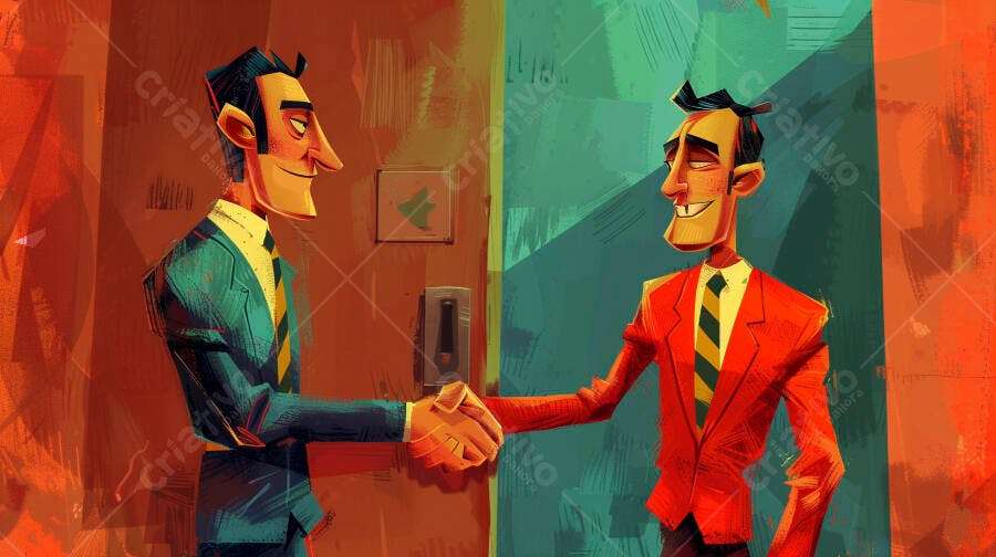 Homens de negócios apertando as mãos em ilustração vibrante de acordo e parceria
