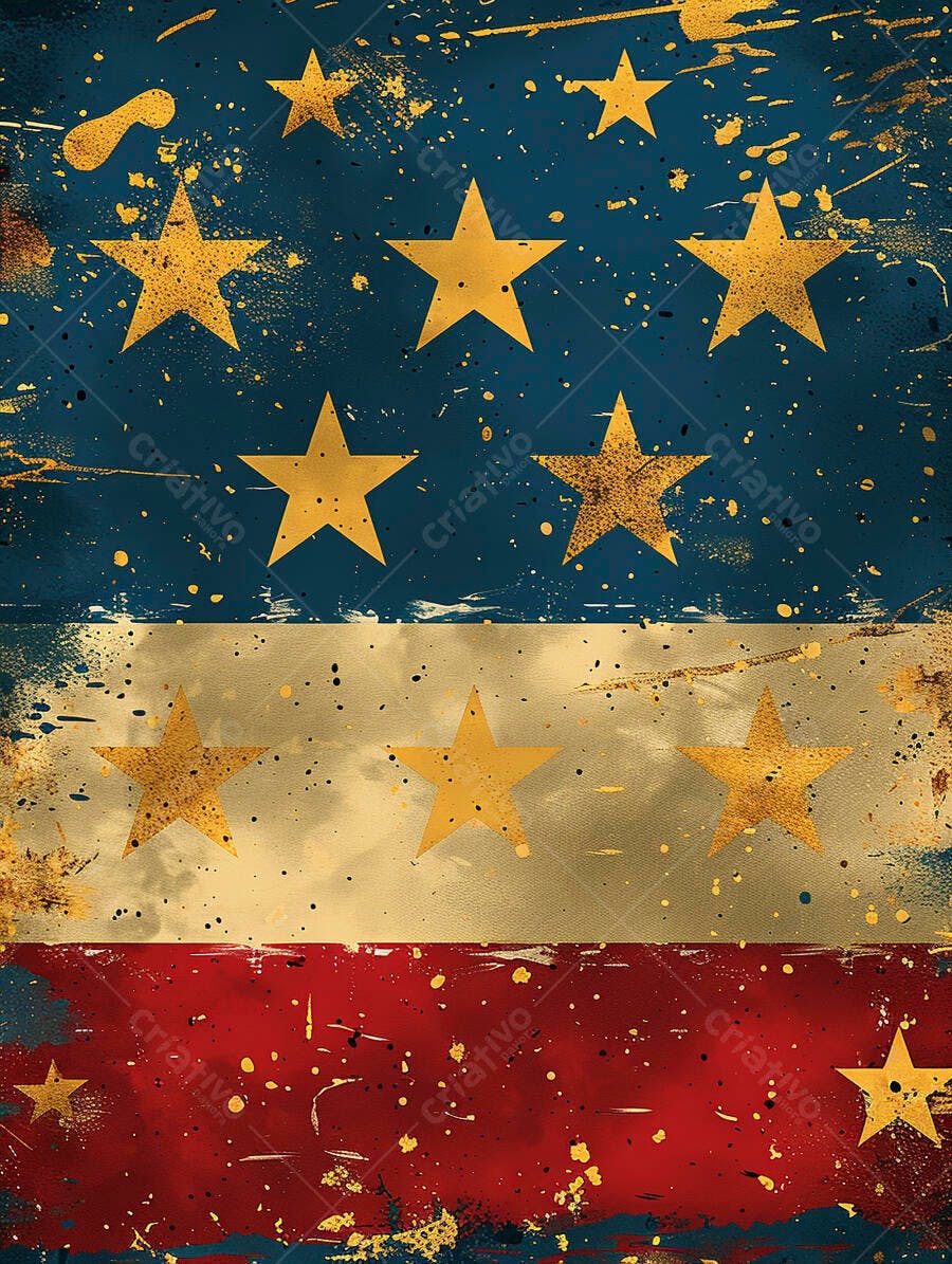 Bandeira americana grunge com estrelas douradas e textura envelhecida