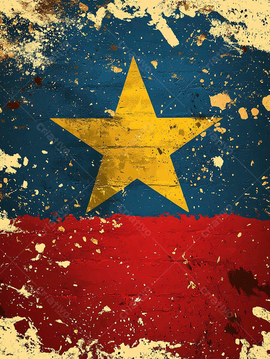 Bandeira grunge azul vermelho estrela dourada central e textura