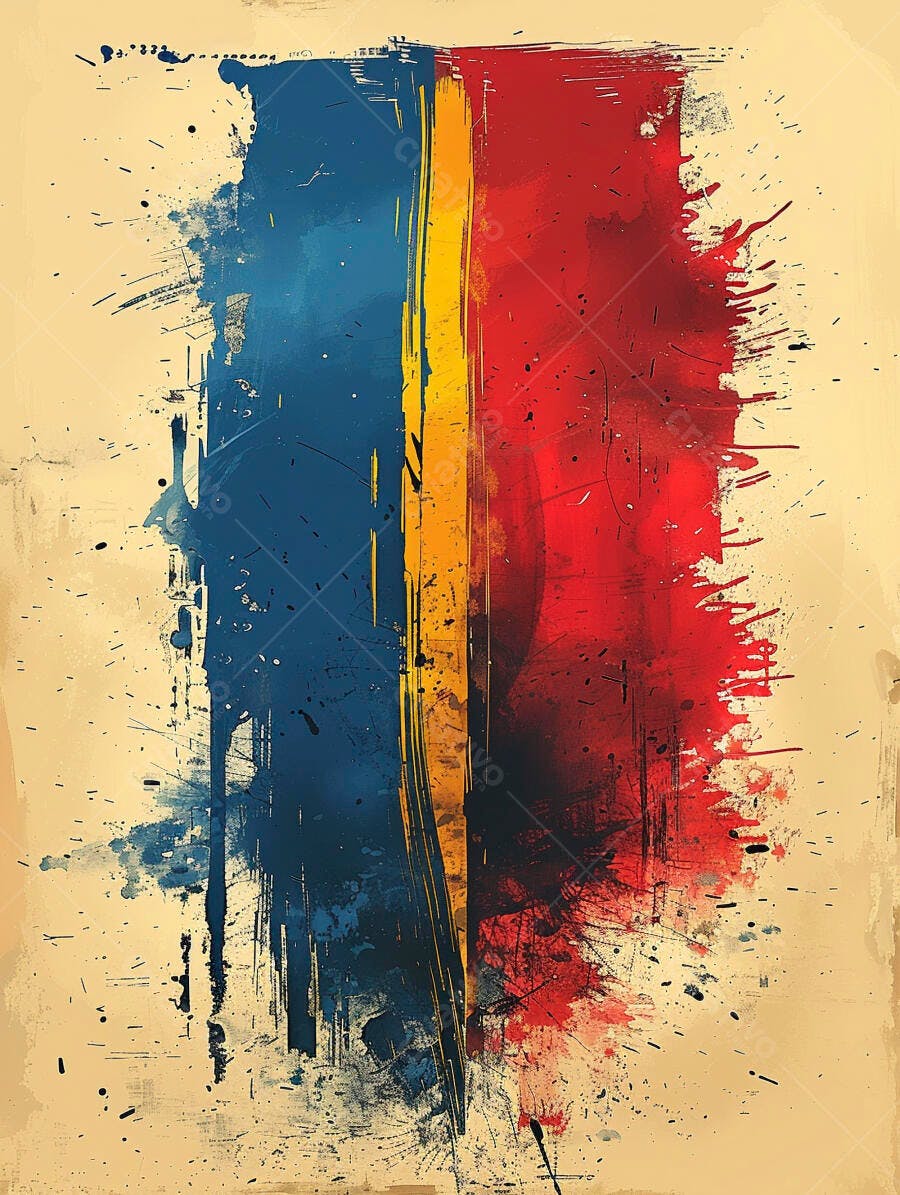 Pintura abstrata azul amarelo e vermelho com textura grunge de respingos de tinta