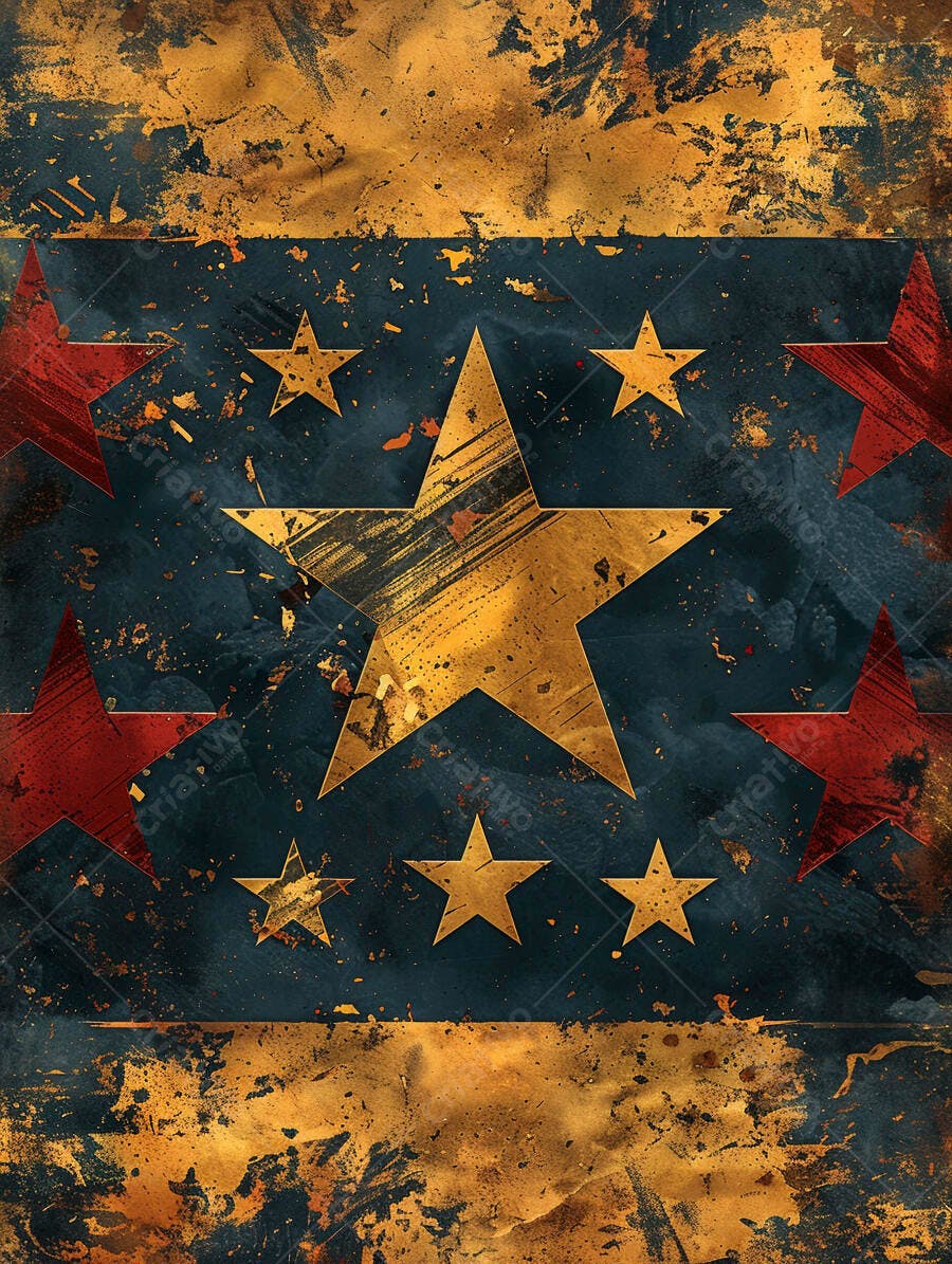 Estrelas patrióticas grunge azul dourado e vermelho em fundo texturizado vintage
