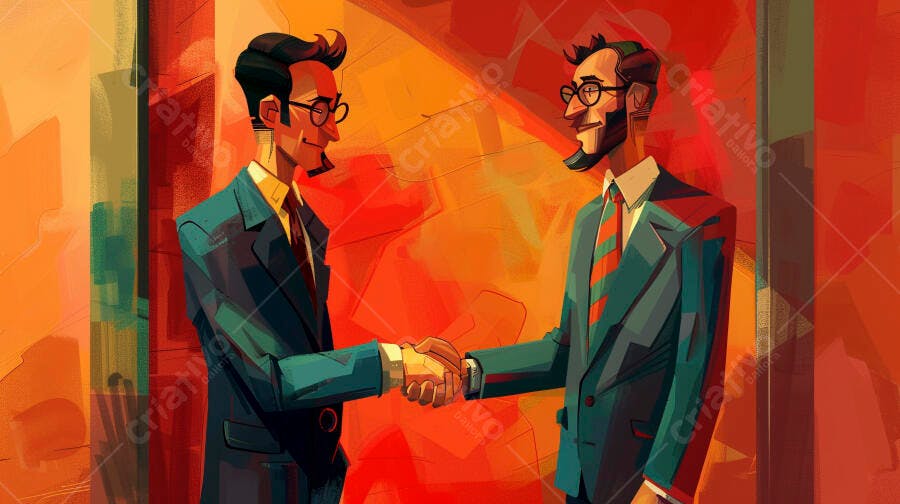 Homens de negócios apertando as mãos em ilustração vibrante de acordo profissional