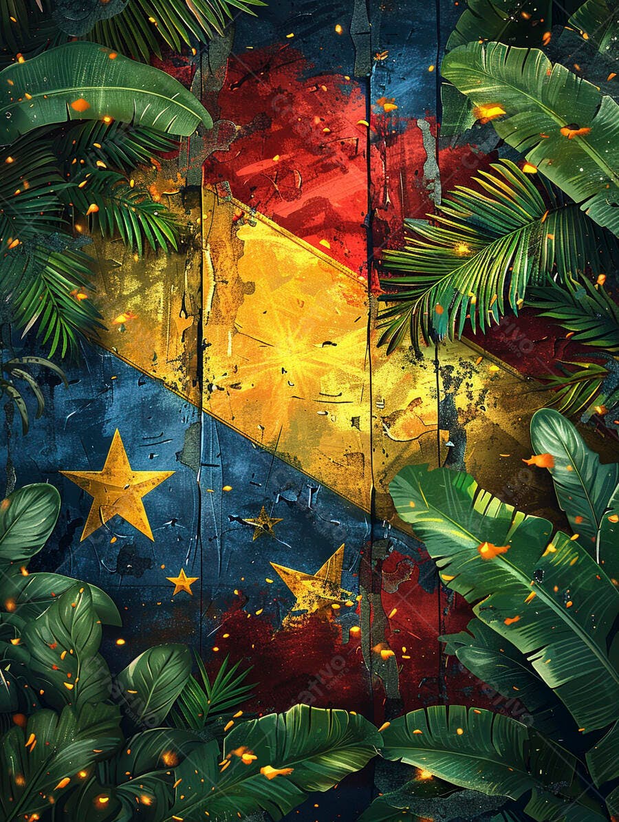 Folhas tropicais exuberantes em fundo de bandeira abstrata com estrelas douradas