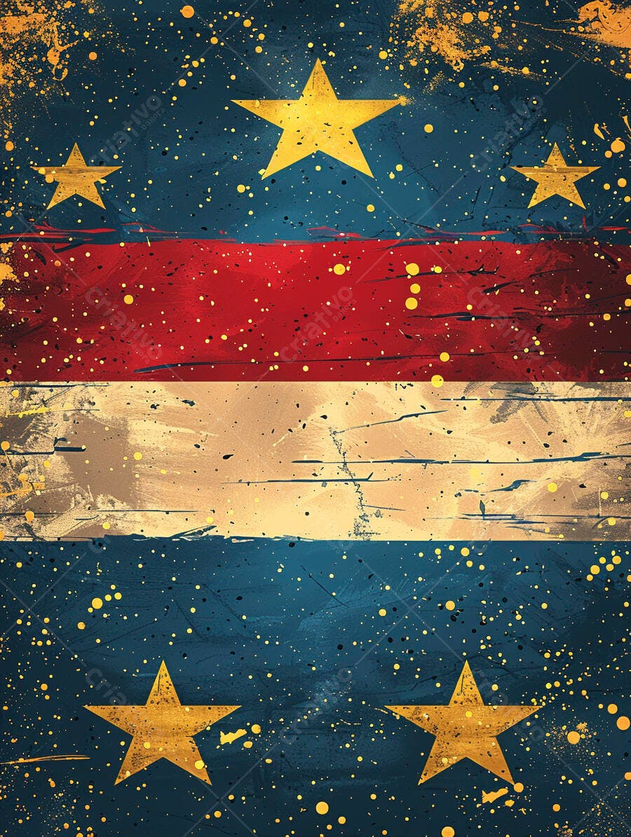 Bandeira grunge com estrelas douradas e listras azul vermelho bege