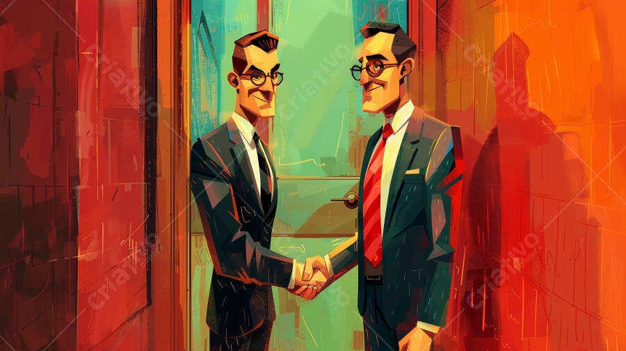 Dois empresários sorrindo apertam as mãos ilustração cores quentes e frias