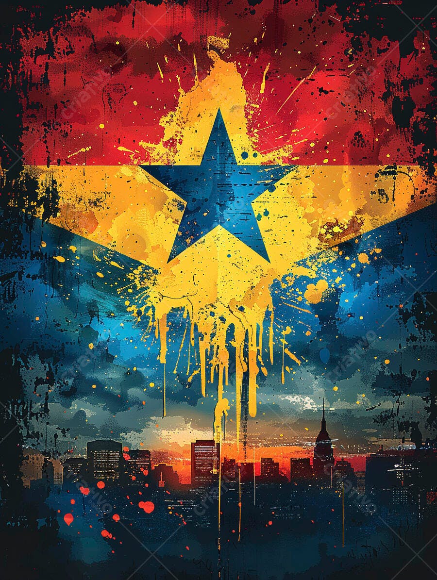 Arte urbana patriótica com estrela azul e skyline ao pôr do sol