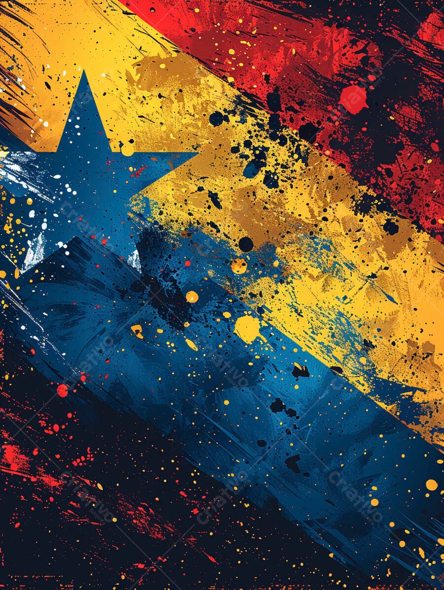 Estrela azul abstrata com respingos de tinta amarelo vermelho e preto vibrante