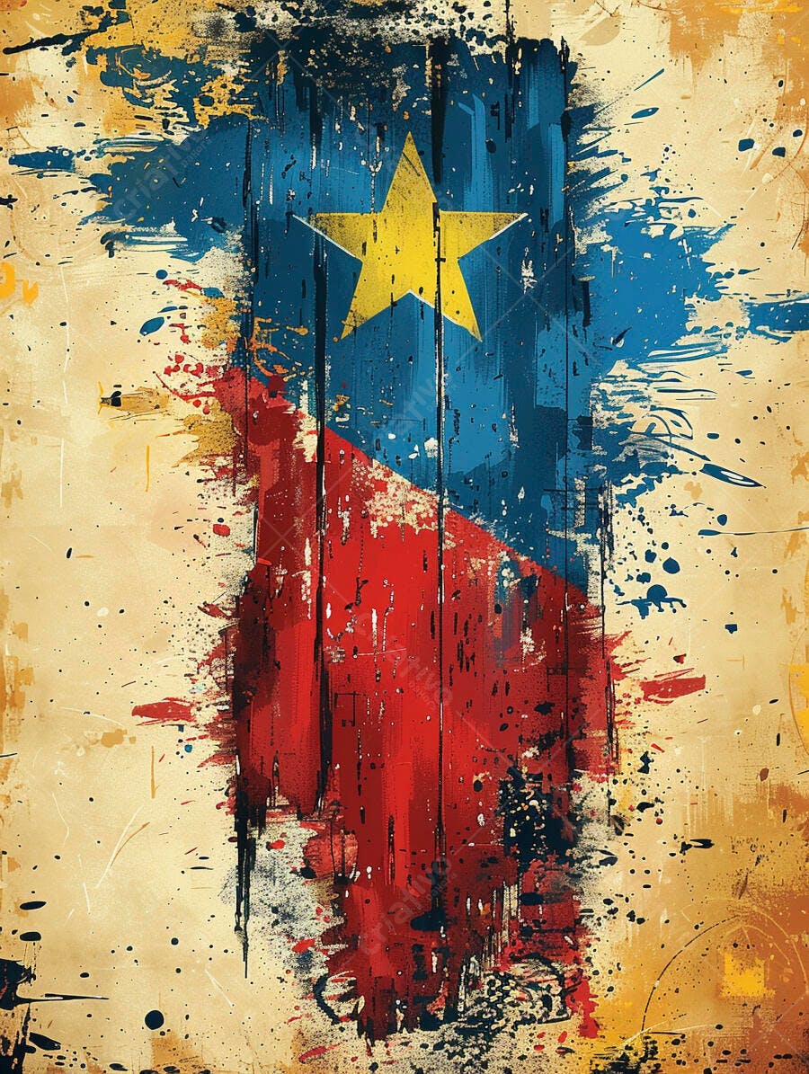 Bandeira abstrata com estrela amarela e respingos de tinta azul e vermelha