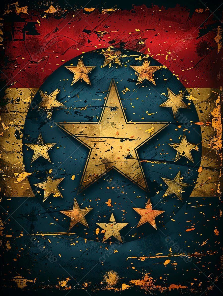 Estrela dourada em fundo grunge vermelho e azul distressed com respingos de tinta