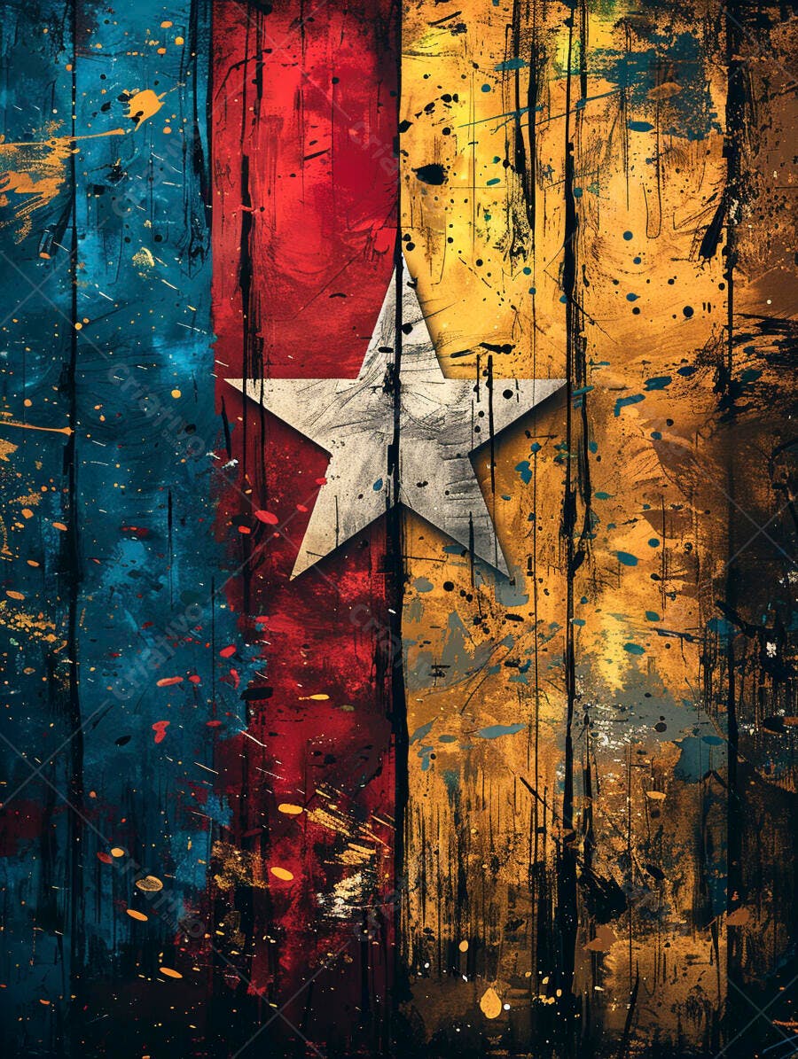 Estrela branca em bandeira abstrata grunge azul vermelho e amarelo com textura de madeira