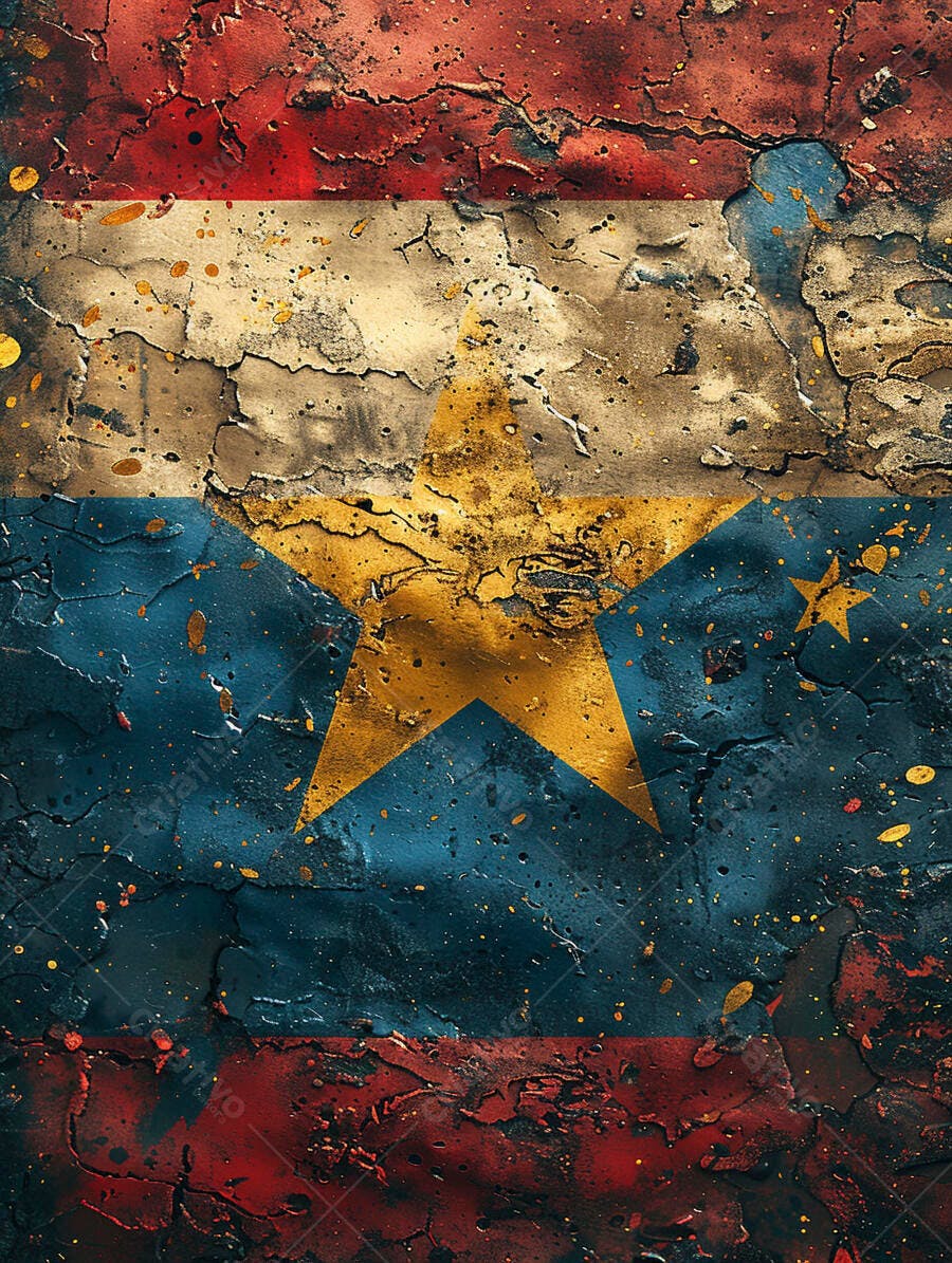 Bandeira rústica com estrela dourada textura grunge azul vermelho