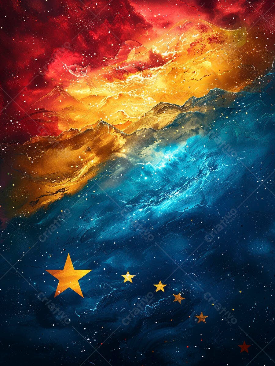 Abstrato paisagem cósmica estrelas douradas e nebulosas vibrantes