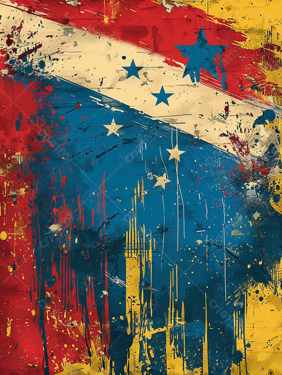 Bandeira abstrata grunge com estrelas respingos de tinta e cores vermelho azul amarelo
