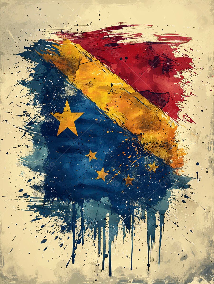 Bandeira estilizada azul e vermelha com estrelas douradas e respingos de tinta