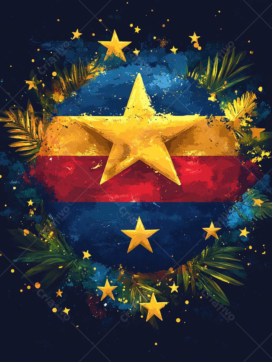 Estrela dourada com faixas coloridas e folhagem em fundo azul escuro