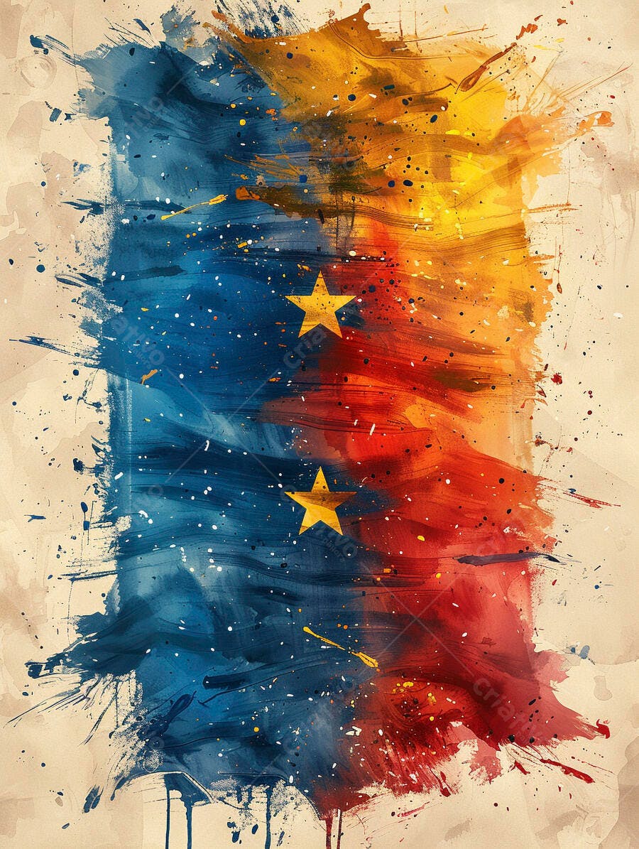 Arte abstrata aquarela pinceladas cores azul vermelho amarelo duas estrelas