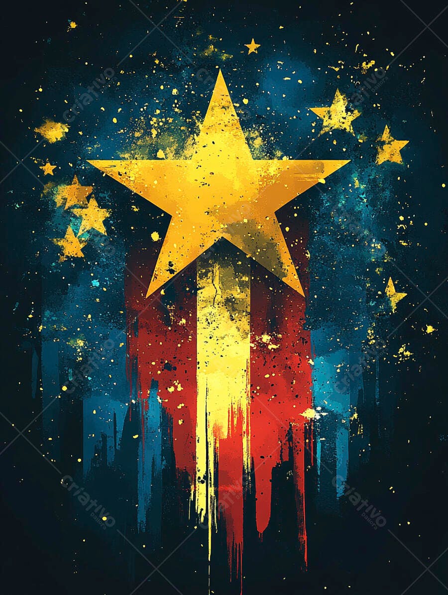 Estrela amarela grande com listras de tinta vermelha azul e grunge