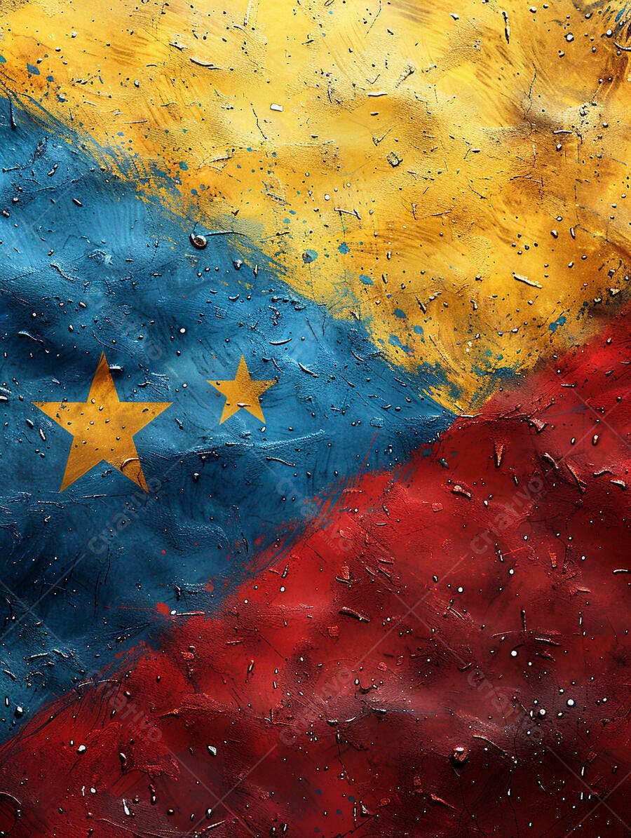 Bandeira grunge texturizada azul amarelo vermelho com estrelas douradas