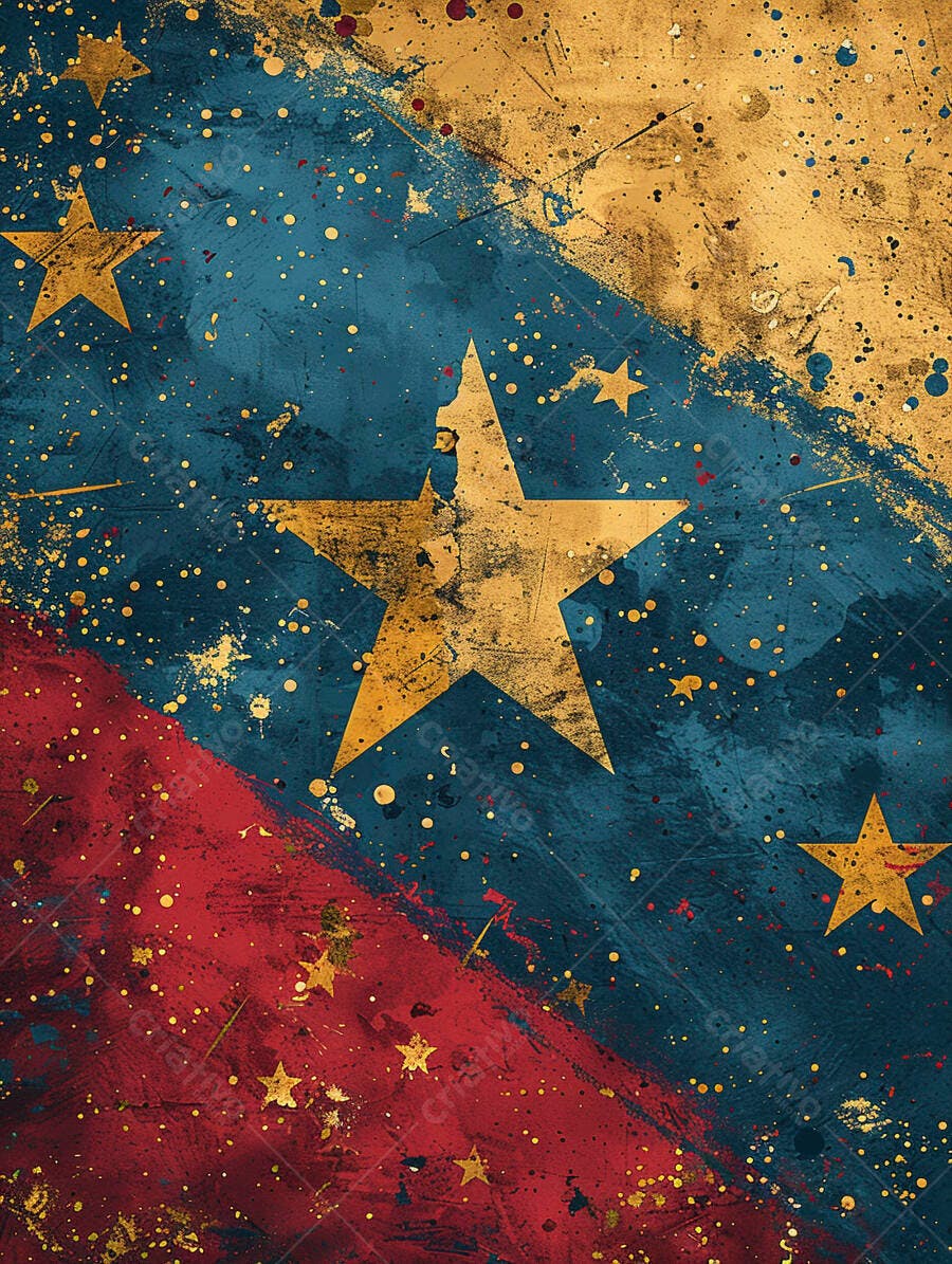 Fundo grunge abstrato com estrelas douradas, azul e vermelho vibrantes