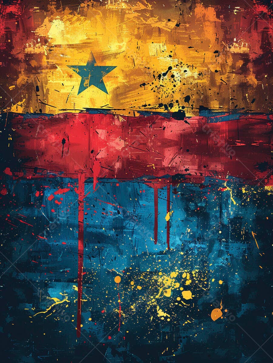 Bandeira de Gana estilo grunge com estrela azul e respingos de tinta
