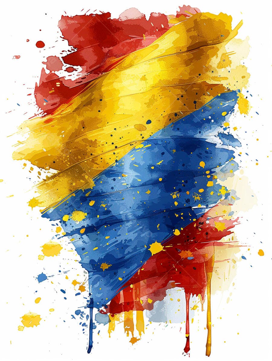 Bandeira da Colômbia em aquarela vibrante com respingos de tinta e cores douradas