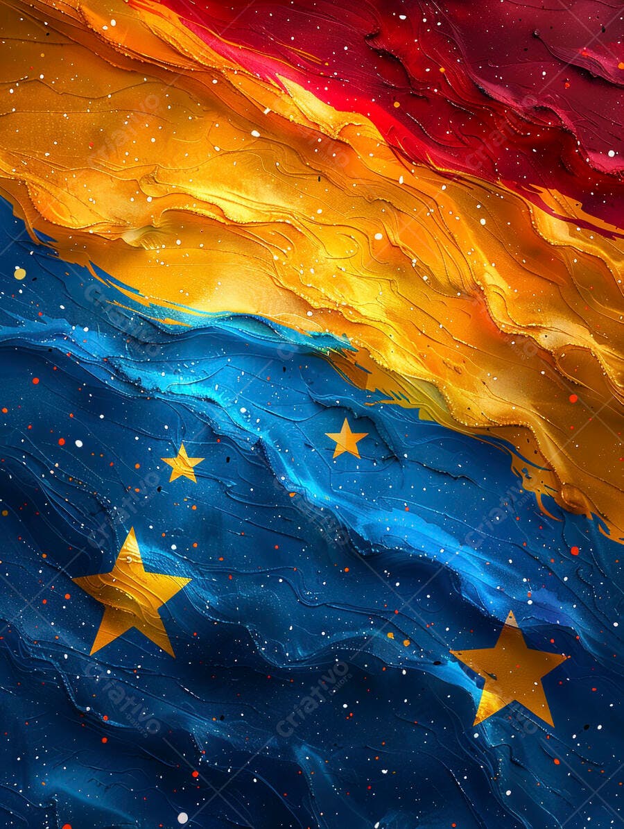 Textura abstrata cores vibrantes com estrelas douradas e pinceladas em vermelho azul