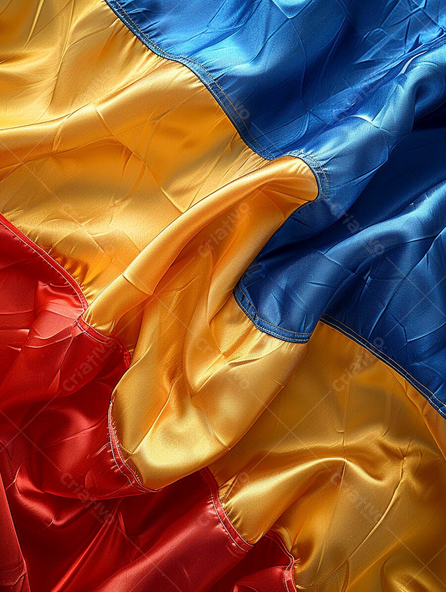 Tecido brilhante azul amarelo e vermelho com pregas e costuras