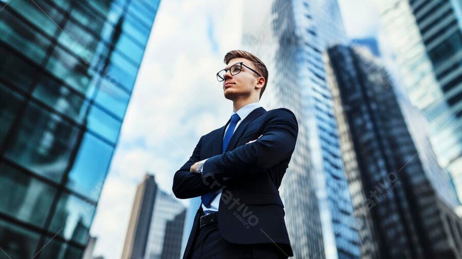 Jovem empresário caucasiano de terno azul confiante em centro financeiro