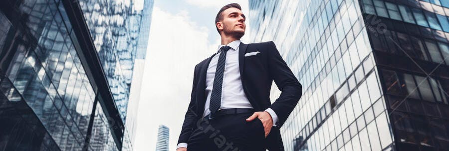 Empresário jovem confiante em terno escuro na cidade moderna
