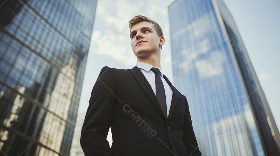 Homem jovem de terno preto confiante em frente a prédios de vidro urbanos