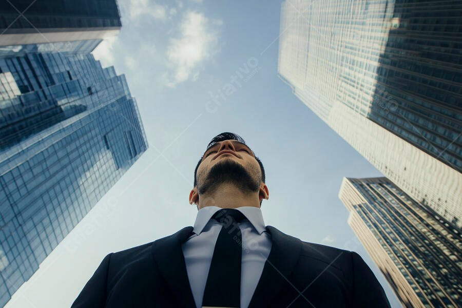 Homem de terno olhando para o céu entre prédios da cidade