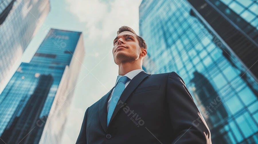 Homem de terno escuro e gravata azul olhando para cima em cidade moderna