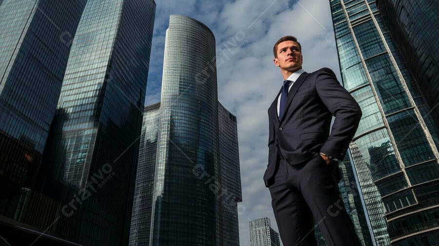 Homem empresário em terno azul marinho diante de arranha-céus modernos da cidade