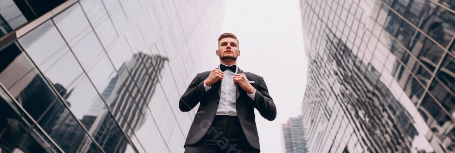 Homem jovem de terno preto arrumando a gravata borboleta em frente a prédios de vidro modernos