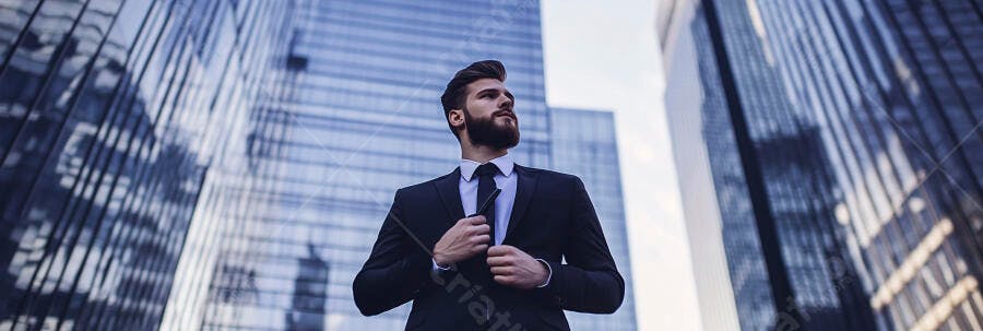 Homem barbudo de terno azul ajustando jaqueta em distrito financeiro urbano