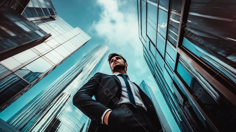 Homem de negócios em terno azul olhando arranha-céus corporativos modernos
